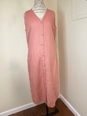 LIZ CLAIBORNE Long Sleeveless Button Up Coral color Dress 100% Linen Size L